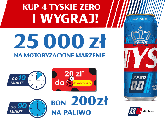 Kup 4 Tyskie Zero i wygraj 25 000 zł na motoryzacyjne marzenie, co 10 minut 20 zł do Biedronki, co 90 minut bon 200 zł na paliwo